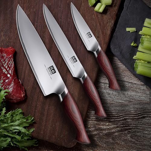 SHAN ZU Kitchen Knife Set 3 PCS, Japanese Chef Knife Set with High Carbon 10Cr15Mov Stainless Steel, Ultra-Sharp Kitchen Knives Set Utility Paring Knife with Ergonomic Pakkawood Handle | 10Cr15Mov High Carbon Stainless Steel, Sharp Chef Utility Paring Knife with Ergonomic Pakkawood Handle - OKINAWA Series