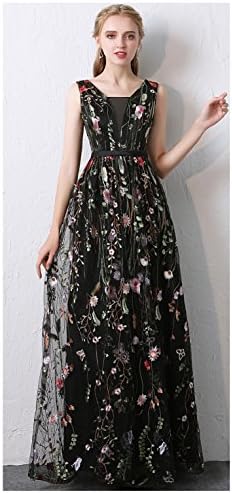 Risestaryiding Women's Formal Dress Flower Embroidery Prom Party Dress Elegant Long Evening Gown (627 Black, 8)