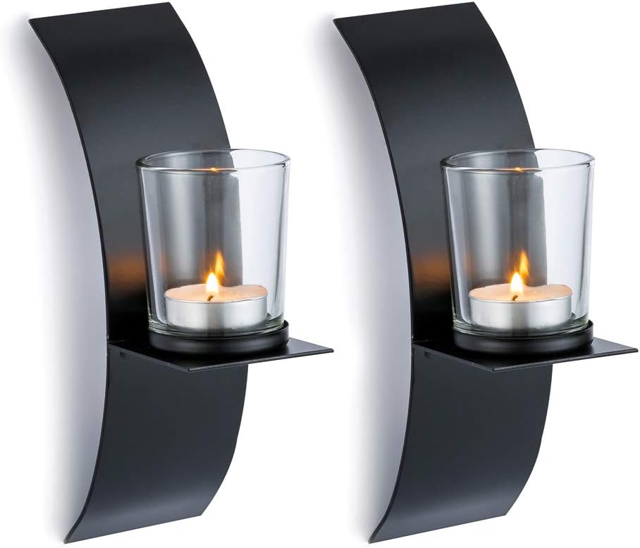 Sziqiqi 2Pcs New Home Candlestick Holders Handmade Iron Hanging Wall Sconce Candle Holder Shelf Furnishing Articles Decoration, Black
