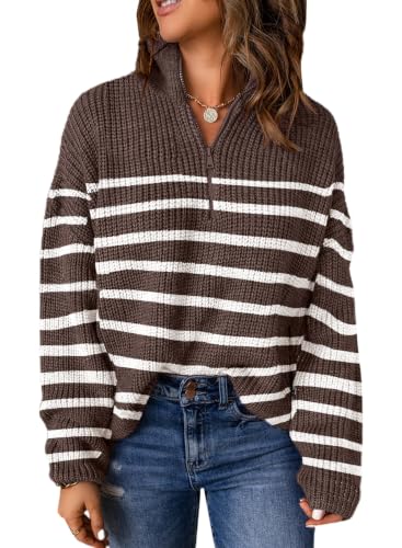 Dokotoo Long Sleeve Sweater for Women Brown Stripe Fall Sweaters for Women 2026 Business Vintage Stand Collar Cable Knit Tops Winter Fashion Loose Casual Pullover Jumper XX-Large at Amazon