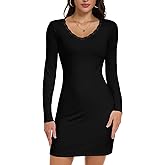 WOWENY Women's Long Sleeve Ribbed Bodycon Mini Dress Lace V Neck Thermal Dresses Fall Slim Fit Cocktail Party Short Dress