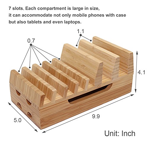 BEEBO BEABO Large Bamboo Multi Devices Charging Station Dock Organizer Desk Docking Rack Station Storage Container for Watch Phone Tablet(7-Slot Natural Bamboo)