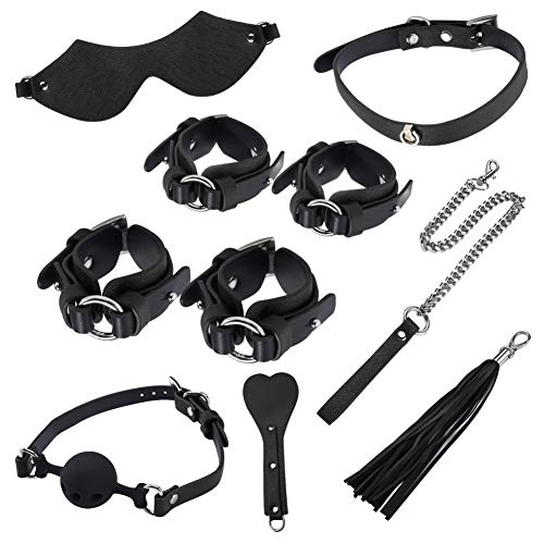 Kismet168 10PCS Women Couples Leather Handcuffs Set Toy with Bag-Adult Six-Toys for Coseplay Game Beginner (Black, Without Bag)