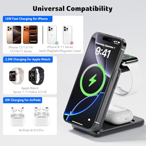 Acer 3 in 1 Charging Station for Apple Device, Magnetic Palm-Sized Foldable Fast Charger Stand Compatible with MagSafe for iPhone 17, Apple Watch & AirPods, Foldable Charging Dock for Desk S3
