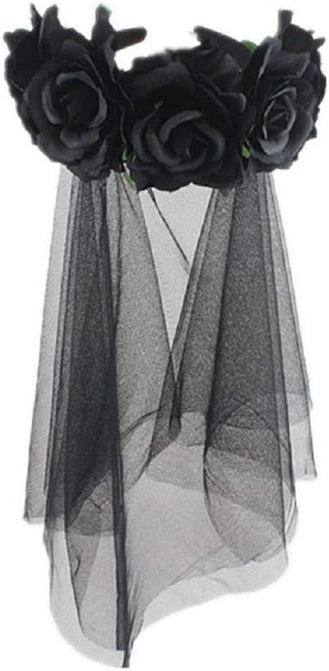 Women Girls Halloween Flower Headband with Black Veil