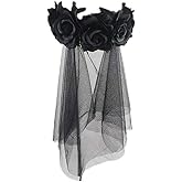 PURFUN Gothic Rose Floral Headband Crown Veil Women Halloween Day of The Dead Flower Hairband Garland Black Bridal Veil