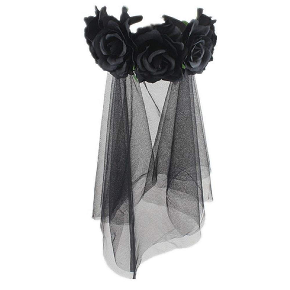 Women Girls Halloween Flower Headband with Black Veil, Day of the Dead Costume Hairband Queen Princess Headwear Rose Crown Wedding Bridal Garland Headpiece Headgear Accessory