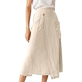 IDEALSANXUN Linen Skirts for Women Summer Casual Cotton A Line Elastic High Waisted Midi Skirts with Pockets