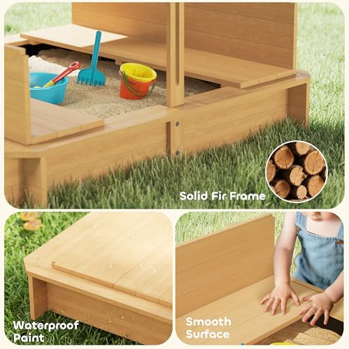 Outsunny Kids Wooden Sandbox w/Adjustable, retractible Canopy & Foldable Bench Seats for 3-7 Years Old, Light Brown
