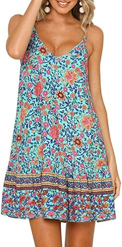 OEUVRE Women Floral Summer Bohemian Spaghetti Strap V Neck Short Dress Boho Swing Ruffle Beach Dress