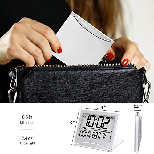Betus Digital Travel Alarm Clock - Foldable Calendar & Temperature & Timer LCD Clock with Snooze Mode - Large Number Display, Battery Operated - Compact Desk Clock for All Ages (Silver)