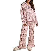 NUFIWI Valentine’s Heart Print 2 Piece Loungewear Set Long Sleeve Button Up Top and Pants Cute Pj Sleepwear Nightwear