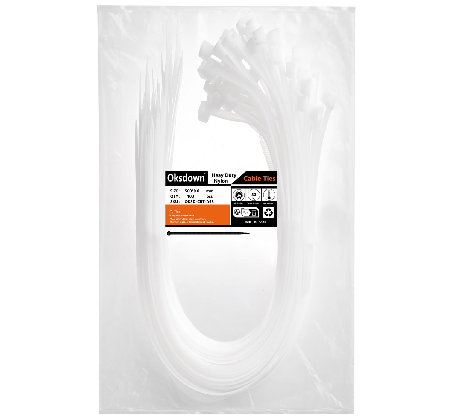 Oksdown 100 Pack White Thick Cable Ties Heavy Duty Large 500mm×9.0mm Strong Nylon Plastic Self Locking 20 inch/50 cm Extra Long Clear Zip Tie Wraps
