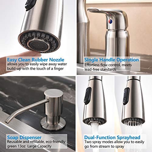 Hotis 3 Hole Pull Out Prep Sprayer Stainless Steel Single Handle Pull Down Kitchen Faucet,Sink Faucet Brushed Nickel Kitchen with Soap Dispenser