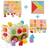 Wooden Shape Sorter Toys, Wooden Shape Sorter Bus with Tangram & Number Puzzle Board & Alphabet Puzzle Board, Classic 3D Push Pull Truck Toy for Toddlers Learning Sort and Match for 1 2 Year Old
