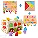 HM-tech Wooden Shape Sorter Toys, Wooden Shape Sorter Bus with Tangram & Number Alphabet Puzzle Board, Classic 3D Push Pull Truck Toy for Toddlers Learning Sort and Match for Kids