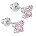 Rhodium Plated Pink CZ Butterfly Safety Screw Back Earrings for Babies, Infants, Toddlers, and Little Girls 5mm - Stunning Everyday Butterfly Safety Stud Earrings for Young Girls