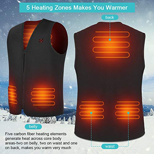 Chaleco Calefactable Lavable, Chaleco Calefactor de Invierno con Línea de Alimentación USB para Hombre y Mujer, Chaleco Térmico Eléctrico para Caza Cámping Excursionismo Esquí, Negro