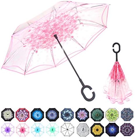 WASING Double Layer Inverted Umbrella Cars Reverse Umbrella, Windproof UV Protection Big Straight Umbrella for Car Rain Outdoor with C-Shaped Handle (Transparent Pink)