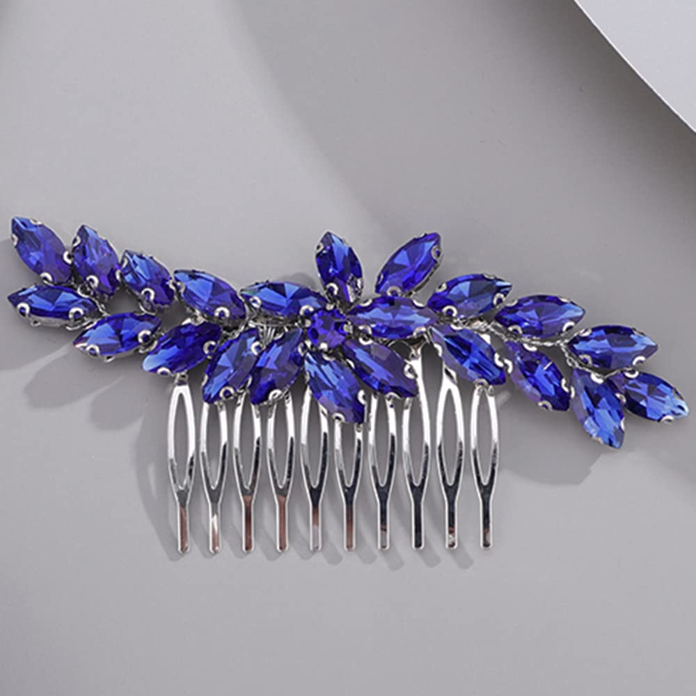 BERYUAN Blue Color Crystal Flowers Hair Comb Teardrop Rhinestone Hair Comb for Wedding Women Hair Comb Slide Bride Hair Accessories for Brides Bridemaids