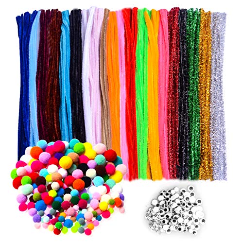 WIWAPLEX 600 Piece Pipe Cleaners Set, Glitter Chenille Stems Bundle Including 200 Pipe Cleaners, 200 Pompoms, 200 Self-sticking Wiggle Googly Eyes Children Kid Plush Educational Toy Handmade DIY Craft
