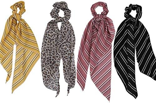 4 Pcs Leopard Bow Scrunchies with Printed Pattern Chiffon, Vintage Hair Bands Ponytail Holder Accessories Elastic Hair Scarf Ties Bowknot Bands for Girls and Women