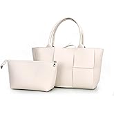 Women Leather Woven Shoulder Bag,Ladies Top Handle Satchel Tote Work Bag with Matching Clutch…