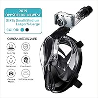 OppsDecor Snorkel Mask Full Face, 180°Panoramic View Diving Mask with with Detachable Camera Mount,Anti-Fog Anti-Leak, Adjustable Head Strapsfor Adults & Kids (Black, Large/X-Large)