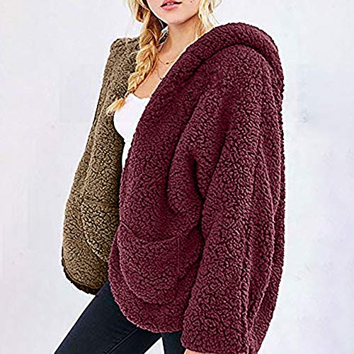 Sanyyanlsy Women's Casual Fleece Fuzzy Faux Shearling Warm Winter Oversize Reversible Hoodie Coat Thermal Cardigan Tops Wine Red