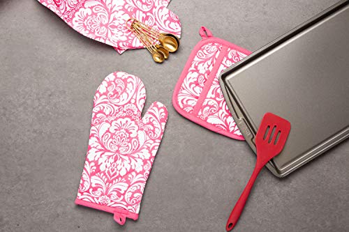 DII-Cotton-Damask-Oven-Mitt-12-x-65-and-Pot-Holder-85-x-8-Kitchen-Gift-Set-Machine-Washable-and-Heat-Resistant-for-Cooking-and-Baking-Pink