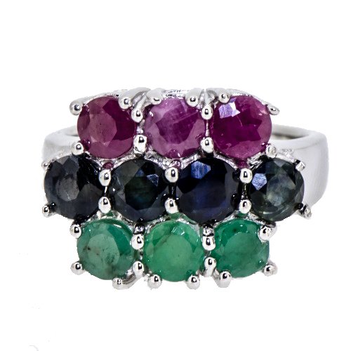 Authentic Natural Blue Sapphire Emerlad Ruby Triple Row Ring 925 Silver