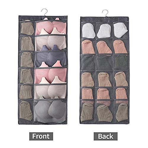 Hanging Closet Organizer, Dual-Sided 30 Pockets Wall Shelf Wardrobe Storage Bags for Underwear, Stocking, Bra and Sock, Mesh Pocket with Metal Hanger - Gray - Thumbnail 7