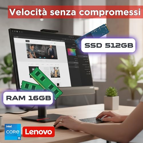 Lenovo All in one 24" Touch screen i5 8500 fino a 3.50Ghz - 16 GB RAM - 512 GB SSD -Windows 11 pro - Office e Business pc usb-c Garanzia 36 Mesi