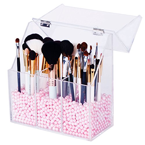 image for Newslly Clear Acrylic Makeup Organizer with 3 Brush Holder Compartment