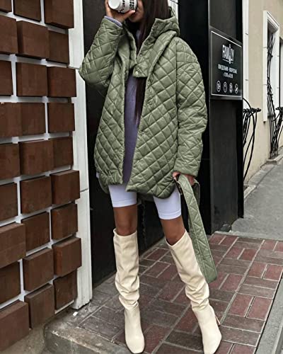 BTFBM WOMEN BUTTON DOWN QUILTED JACKET COAT 2023 FALL WINTER FASHION BELT POCKETS REMOVABLE PADDED HOOD PUFFER OUTERWEAR(SOLID GREY GREEN, SMALL)