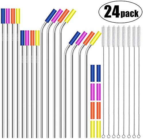Reusable straws Set of 16 Metal Straws 10.5"8.5" Stainless Steel Straws for 30oz&20oz Tumbler with 24 Soft Silicone Tips,8 Cleaning Brushes(8 bent+ 8 straight+ 8 Cleaning Brushes)