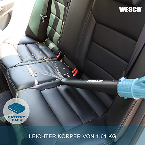 WESCO 18V 2.0Ah Akku Laubbläser, 12500 min-1, 200 km/h Blas-Luftstrom, 1.61kg, mit Akku und Ladgerät, für Garten, Garage und Auto