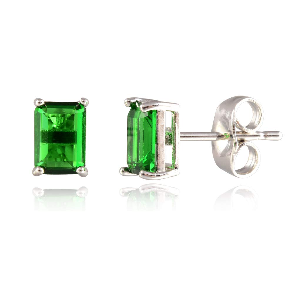 [RIZILIA CLASSIC] Stud Pierced Earrings with Emerald Cut Gemstones CZ [Green Emerald] in 18K White Gold Plated, Simple Modern Elegant