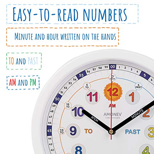 Amonev Time Teacher Clock Children Silent Wall Clock, Easy to Read