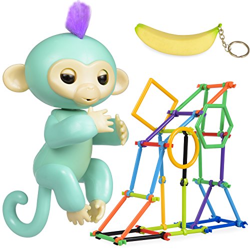 Interactive Finger Monkey Toy - Zoe (Turquoise with Purple Hair) - Accessories BONUS: Baby Monkey Jungle Gym Playset 50 Pieces + Banana Squishy Keychain â€“ Christmas Gift for Girls & Boys