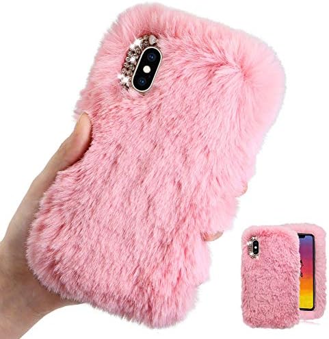 For Samsung Galaxy A6 Plus 2018 Case [with HD Screen Protector],MOIKY Cute Warm Winter Fluffy Furry Plush Soft Flexible Silicon TPU Case with Bowknot Diamond for Samsung Galaxy A6 Plus 2018,Pink
