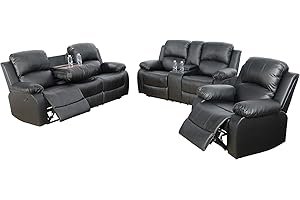 AYCP Bonded Leather Living Room Furniture Set Reclining Sofa Set Loveseat Furniture Sets in Living Room Sofa Recliners (3 Pieces, Black)