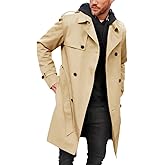 Pretifeel Mens Trench Coat Slim Fit Double Breasted Long Jacket Notched Lapel Belt Fall Windproof Coat