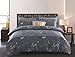 Wake In Cloud - Floral Comforter Set, Birds Flowers Leaves and Branches Pattern Printed for Men Women, Soft Lightweight Bedding, 3 Pieces, Dark Gray, California King Size