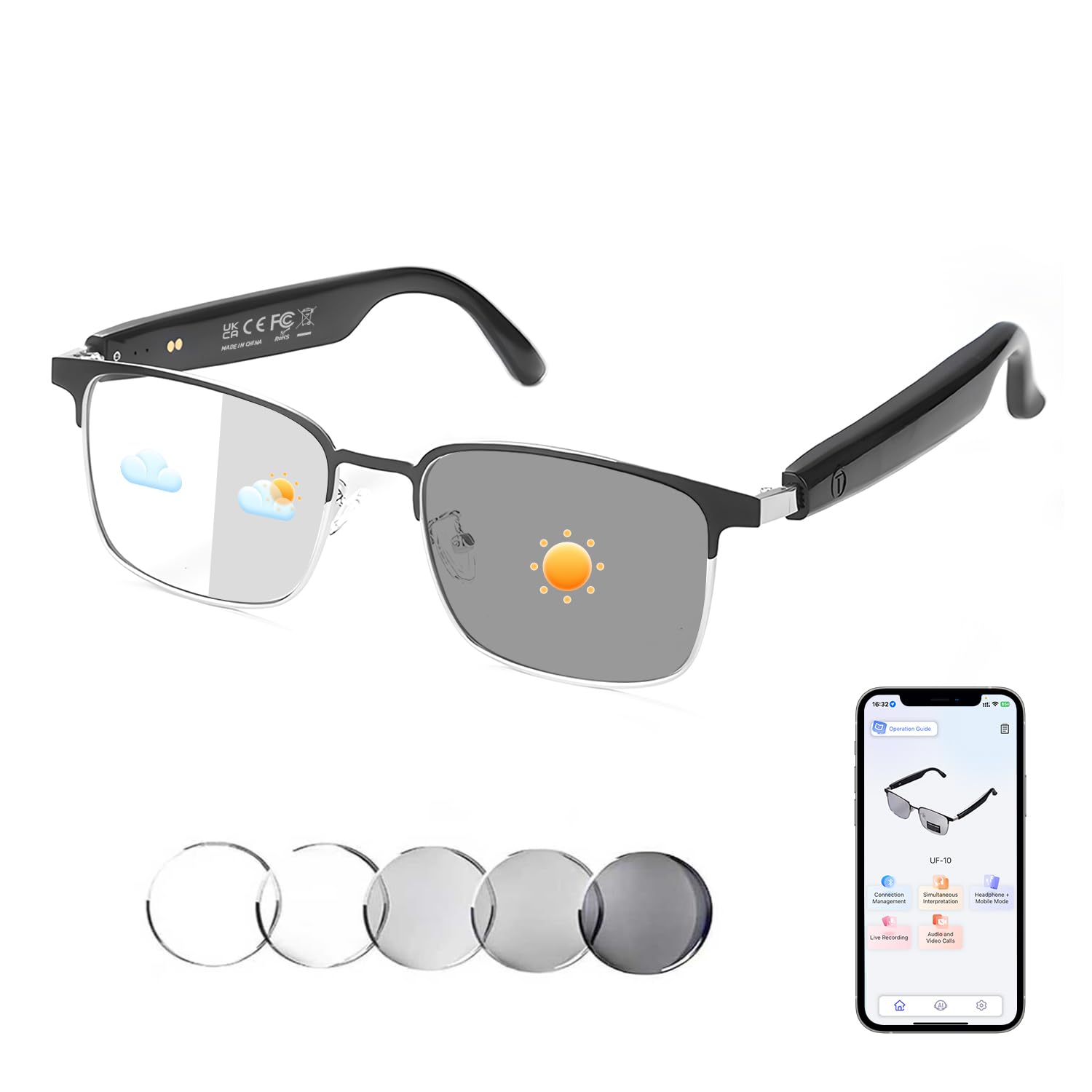 Photo 1 of AI Translator Smart Glasses for Men Women, Bluetooth Audio Sunglasses with Photochromic Lenses, Voice Assistant, Open Ear Lighweight Eyeware, Real-Time Translation, Supports 160+ Languages (Silver)
