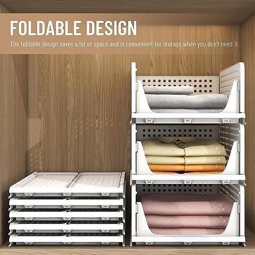 Fohome Stackable Clothes Plastic Storage Basket,4 Pack Foldable Closet Organizer Shelf Cloth Holder,Drawer Shelf Storage Container for Wardrobe Cupboard Kitchen Bathroom Office (4 Pack)