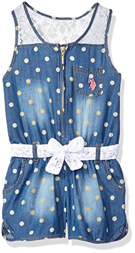 U.S. Polo Assn. Big Girls' Lace and Dots Tencel Denim Romper, Medium Wash, 14/16