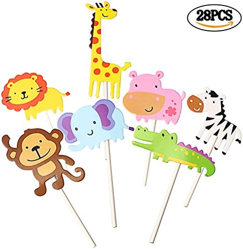 Hugesavings 28 Piece animal Cupcake Toppers Picks, Cute Zoo Jungle Animals Cake Toppers for Kids Shower Birthday Party Cake Decoration Supplies