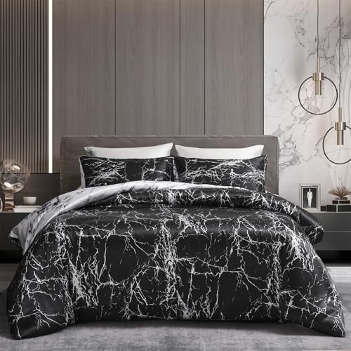 Gezu Bettbezug, 200 x 200 cm, Satin, Marmor, Schwarz / Weiß, wendbar, für Erwachsene, 2 Personen, Bettwäsche aus Seidensatin, glänzend, mit Reißverschluss und 2 Kissenbezügen und Reißverschluss