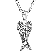 Men'S And Women'S Gothic Punk Hip-Hop Rock Angel Wing Heart-Shaped Wing Pendant Necklace, 316L Stainless Steel, Silver Stainless Steel Square Pearl Chain, Vintage Jewelry